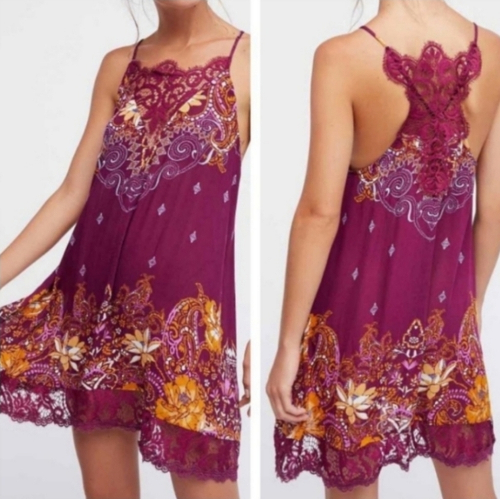 Free People Who's Sorry Now Printed Mini Slip Dress Sleeveless Lace Wine Sm NWT - Picture 15 of 15